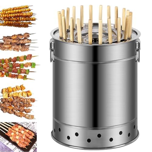 Barbecue portatile a carbonella senza fumo, con barile in acciaio inox da 39 cm, con 28 spiedini per kebab e barbecue
