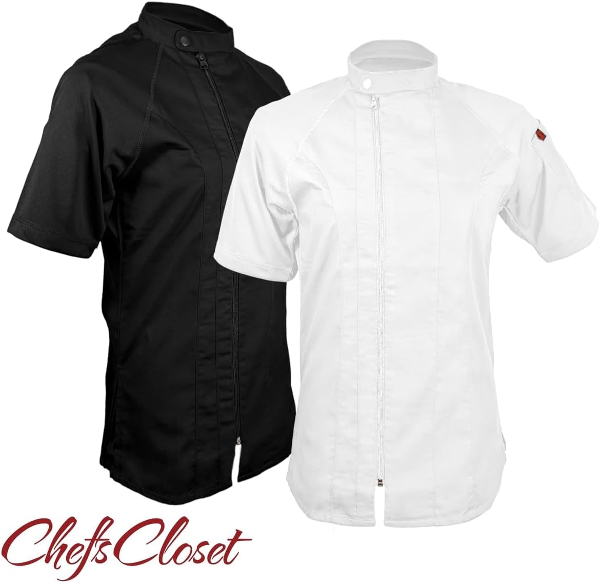 ChefsCloset Personalized Women's Modern Short Sleeve Chef Coat – Embroidered Jacket with Offset Zipper and Mesh Panels