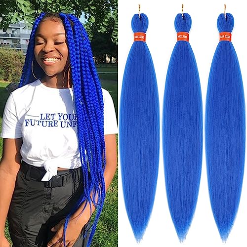 Blue Pre Stretched Braiding Hair 30 Inch Kanekalon Box Braid Hair Extensions 3 Packs Yaki Texture Pre Feathered Braids Hair Easy To Use For Summer #TOP3