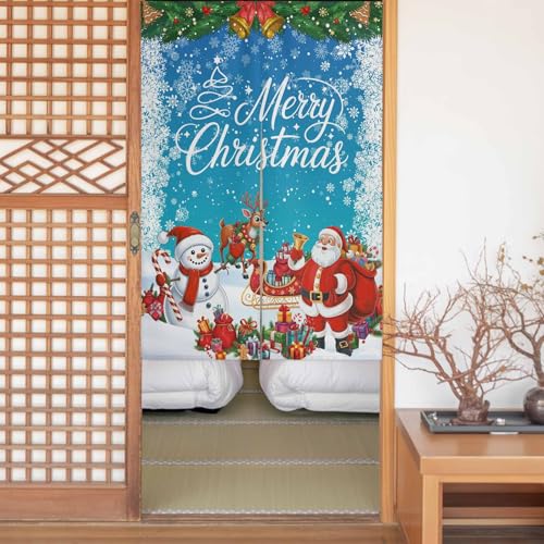 のれん 目隠し 遮光 暖簾 間仕切り 冬青葉 エルク鹿 雪だるま 雪の結晶 クリスマス 水色 厚手 防寒 防音 断熱 ロング 半間のれん リビング 和風 カーテン プライバシー保護 玄関 キッチ リビング 飲食店 出入り口 室内インテリア 温泉 施設向け