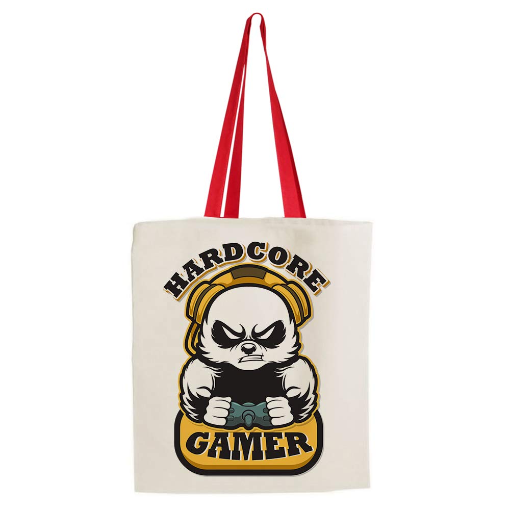 Gamer Gift idea - Hardcore Gamer Inspired Video Games Player Gaming Pro Enthusiast Funny Tote Bag-Cotton Shopping Bag. (Red Handle)