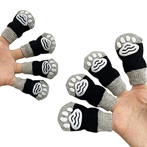 TUESTOP 4 PCS Full Cotton Dog Socks for Small Dogs, Pet Socks Cat Shoes Booties with Grips Anti-Slip Pet Paw Protectors for Hardwood Floors (1#-Opening Girth 2.17 ,paw Girth 2.95 , Black&Grey)