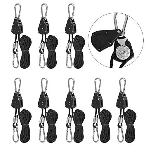 Geluode 1/8" 8 Stücke Seil Ratsche mit Haken, Seil Ratsche Kleiderbügel Aufhänger für Hängende Zelt Wachsen Pflanze Lampe, 150lb Kapazität Pro Paar
