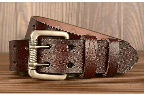 Men Double Prong Leather Belt 1.5" Wide Genuine Leather Double Grommet Holes Retro Casual Work belt for Jeans Pants3