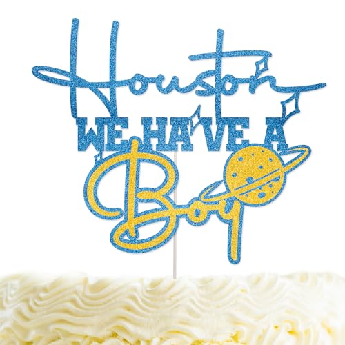 Houston We Have a Boy Cake Topper Glitter Houston We Have a Boy Baby Shower Decorations Outer Space Themed Party Decor for Boys