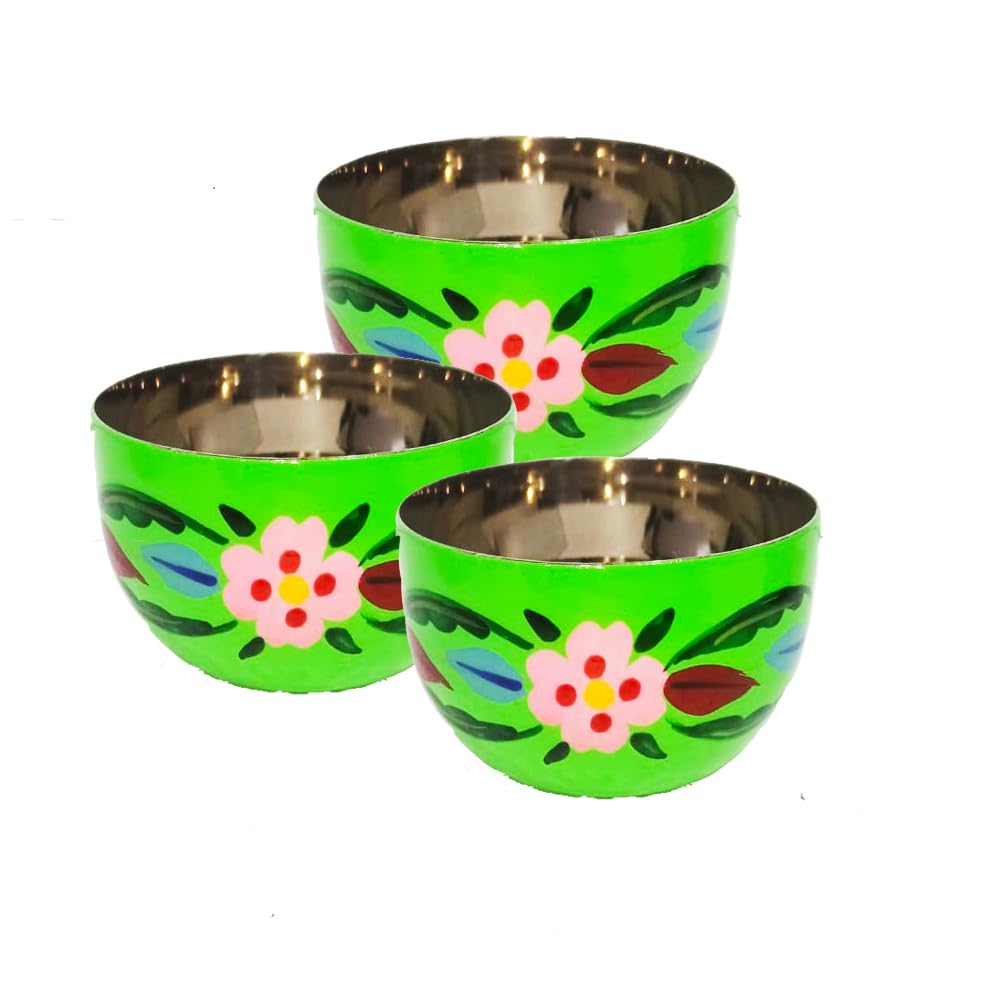 King International Green Printed Bowl High Grade Stainless Steel 3 Pcs Salad Bowl for Salad Serving Bowl, Serving Bowl, Katori