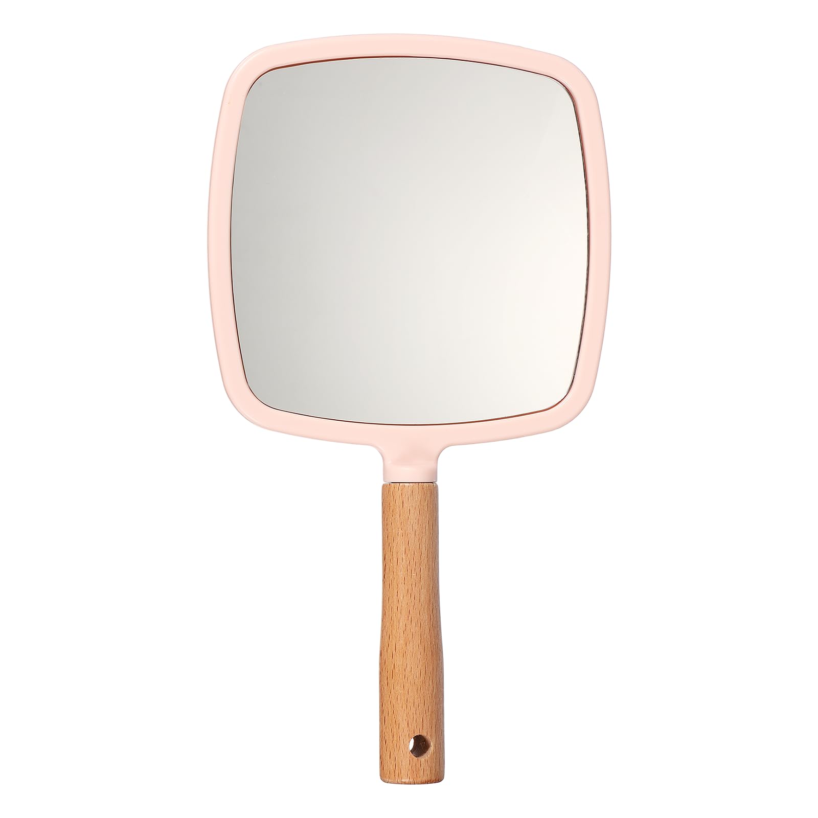 sourcing map Hand Held Mirror, Wood Portable Hand Vanity Mirrors Single Side with Hook Hole for Bathroom, Bedroom, Travel, & Makeup Use, Pink(Square)