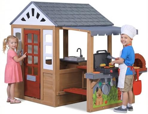 Kids Outdoor Wooden Playhouse, Cedar Wooden Play House for Ages 3-8 Kids with BBQ Grill, Kitchen Set, Picnic Table, Doodle Whiteboard, Markers, Mail Receiver & Working Doorbell (Cedar Wood)