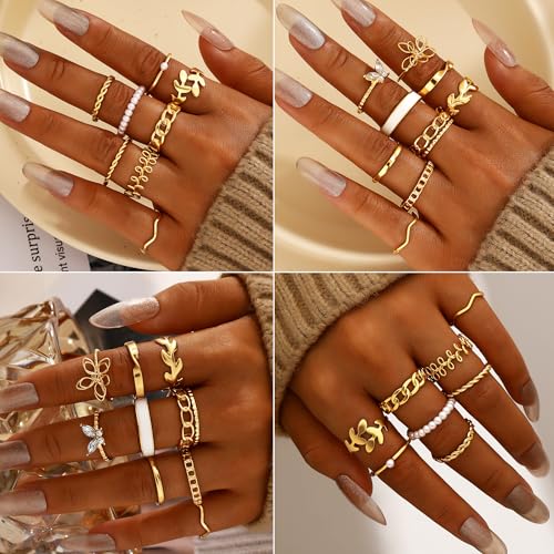 Image of FAXHION 68 Pcs Gold Jewelry Set for Women with 7 Necklace, 17 Bracelet, 5 Hoop Earrings, 15 Stud Earrings, 24 Knuckle Rings for Women Jewelry Set for Women Gift