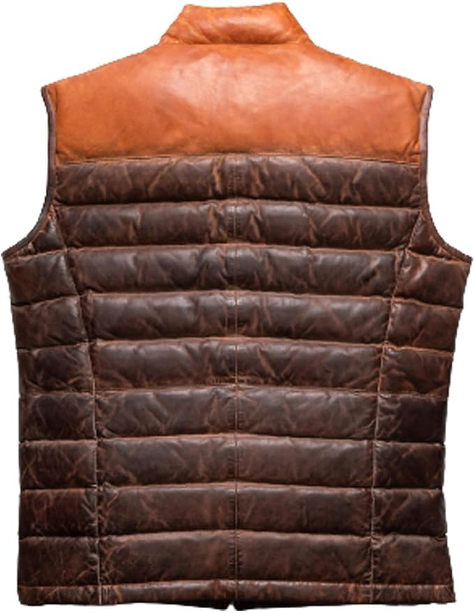 Zulin Puffer Vest Men Real Lambskin Leather Quilted Down jacket Two Ton Tan and Brown Color |Outdoor Sleeveless Mens Vests |3