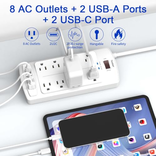 Image of Surge Protector Power Strip - Teiobar Flat Plug Extension Cord with 8 Outlets and 4 USB Ports, 10 Feet Power Cord, 2700 Joules, ETL Listed, White