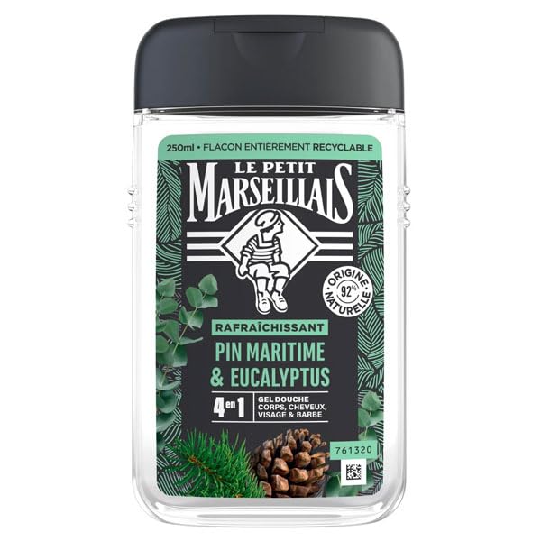 Le Petit Marseillais - Gel de ducha para hombre, pino marítimo y eucalipto (botella de 250 ml), fórmula 4 en 1 para cuerpo, cabello, cara y barba, 92% ingredientes de origen natural y pH neutro
