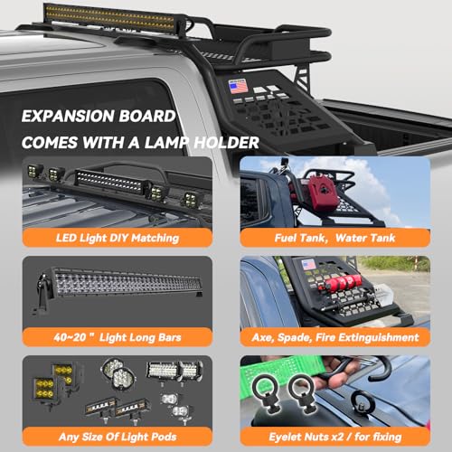 Image of Basket Roll Bar for Full-Size Trucks with Cargo Basket, Brake Light, Light Mount | Non-Drill Installation for F-150 /250 /350, Silverado Sierra Ram 1500 /2500 /3500, Tundra, Titan XD (Full-size Truck)