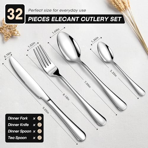 Cutlery Set, HONKKU 32 Pieces Stainless Steel Flatware Set for 8 People, Mirror Polished Silverware Set with Spoon Knife and Fork Set for Home Kitchen, Dishwasher Safe - Image 3