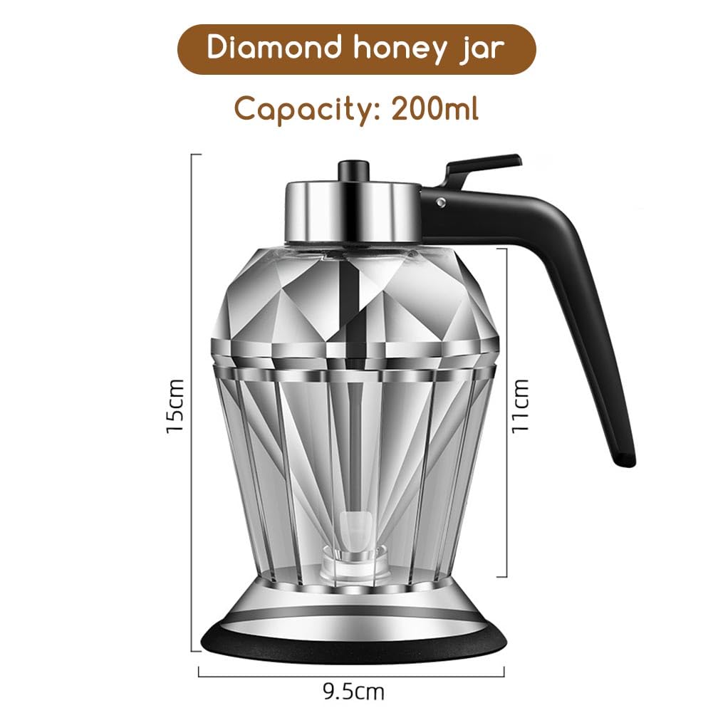 Distributeur de Miel en Verre 200ml, Pot à Miel Design Diamant avec Base Anti-Goutte, Contrôle à Une Main pour Sirop, Huile et Condiments, Bouteille Réutilisable avec Support en Silicone Antidérapant