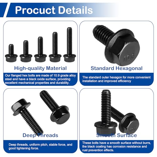 Image of M6-1.0 x 12mm Flanged Hex Head Bolts, 60Pcs Serrated Flange Bolt, Class 10.9 Alloy Steel, Black Oxide, Coarse Thread Fully Threaded, External Flange Hex Drive Screws, DIN6921 /GB5789