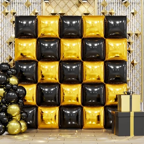 Image of Metallic Gold and Black Double Sided Square Foil Balloons Wall,19 Inches Chrome Foil Balloons Tunnel Arch Kit for Bachelorette, Anniversary, New Year,2026 Graduation,Birthday Party Decorations