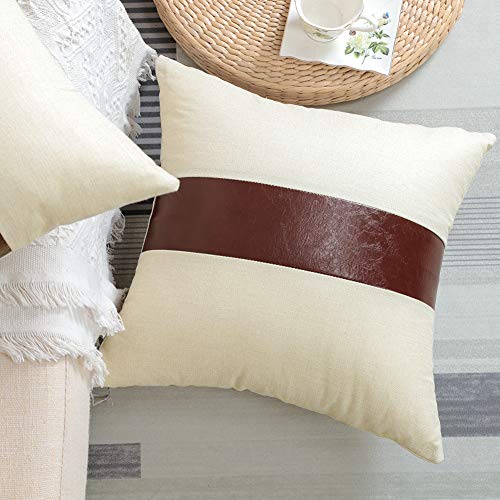 Artscope Set Of 2 Brownish Red Throw Pillow Covers Faux Leather Stitching Linen Modern Farmhouse Cushion Covers For Sofa Couch Bedroom Living Room Decor, 18X18 Inches #TOP4