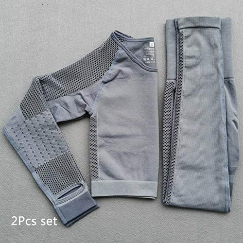PKJP Workout Clothes Women Hollow Out High Waist Sport Leggings+Cropped Long Sleeve Shirt Running Sportswear,Gray Blue 2Pcs Set,M