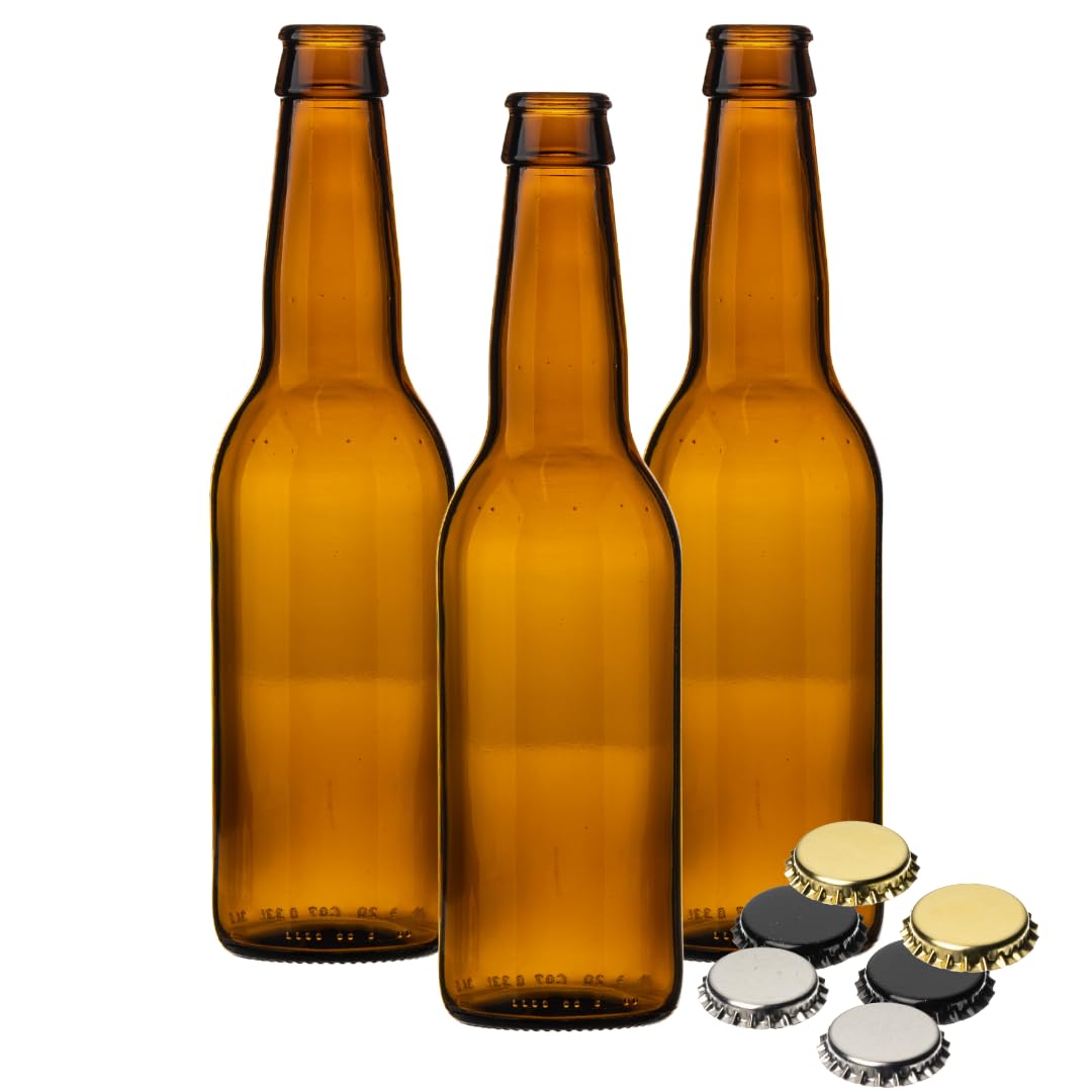 Jars And Bottles Silver 330Ml Amber Glass Beer Bottles With 26Mm Crown Caps (12 Pack) | Homebrew Bottling For Ale, Lager, Ipa & Cider | J&B