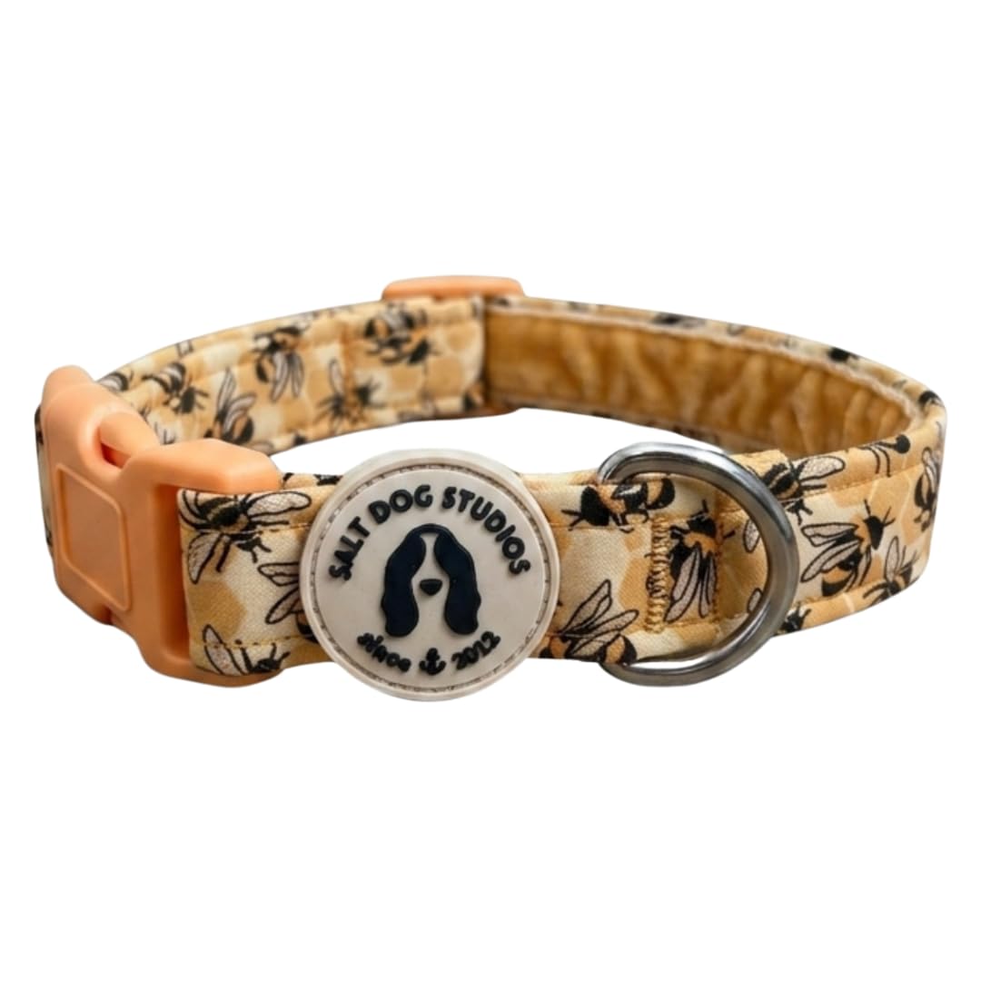 Floral Dog Collar – Adjustable Velvet Lined Dog Collar for Small, Medium, Large & Extra Large Dogs – Soft Comfortable Fabric Collar by Salt Dog Studios (Honey Bee Hive, Large)