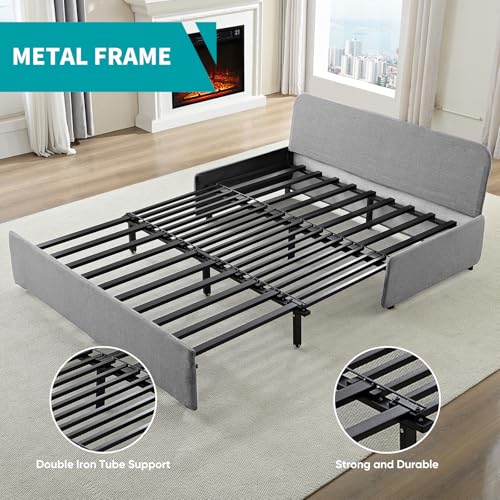 Image of BALUS 64 inch W Queen Size Pull Out Sleeper Sofa Bed Couch with Pullout Bed, 2 in 1 Convertible Linen Loveseat Sofa Sleepers with Pillows and Tri-fold Mattress for Small Space Loft Home Office, Light Grey