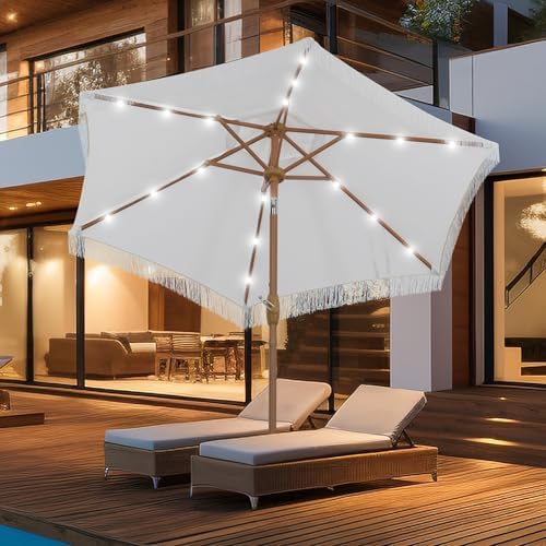 GDY 7.5 ft Fringe Patio Umbrella, Stylish Tassel Umbrella with 18 LED Solar Lights for Outdoor Shade and Illumination,White