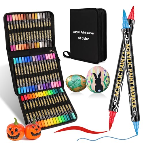 48 Colors Acrylic Paint Markers,Dual Tip Acrylic Paint Pens,Includes 12 Metallic Brush Tip Markers For Rock Painting,Halloween Decor,Plastic,Pumpkin,Canvas And Diy Crafts Christmas Gifts