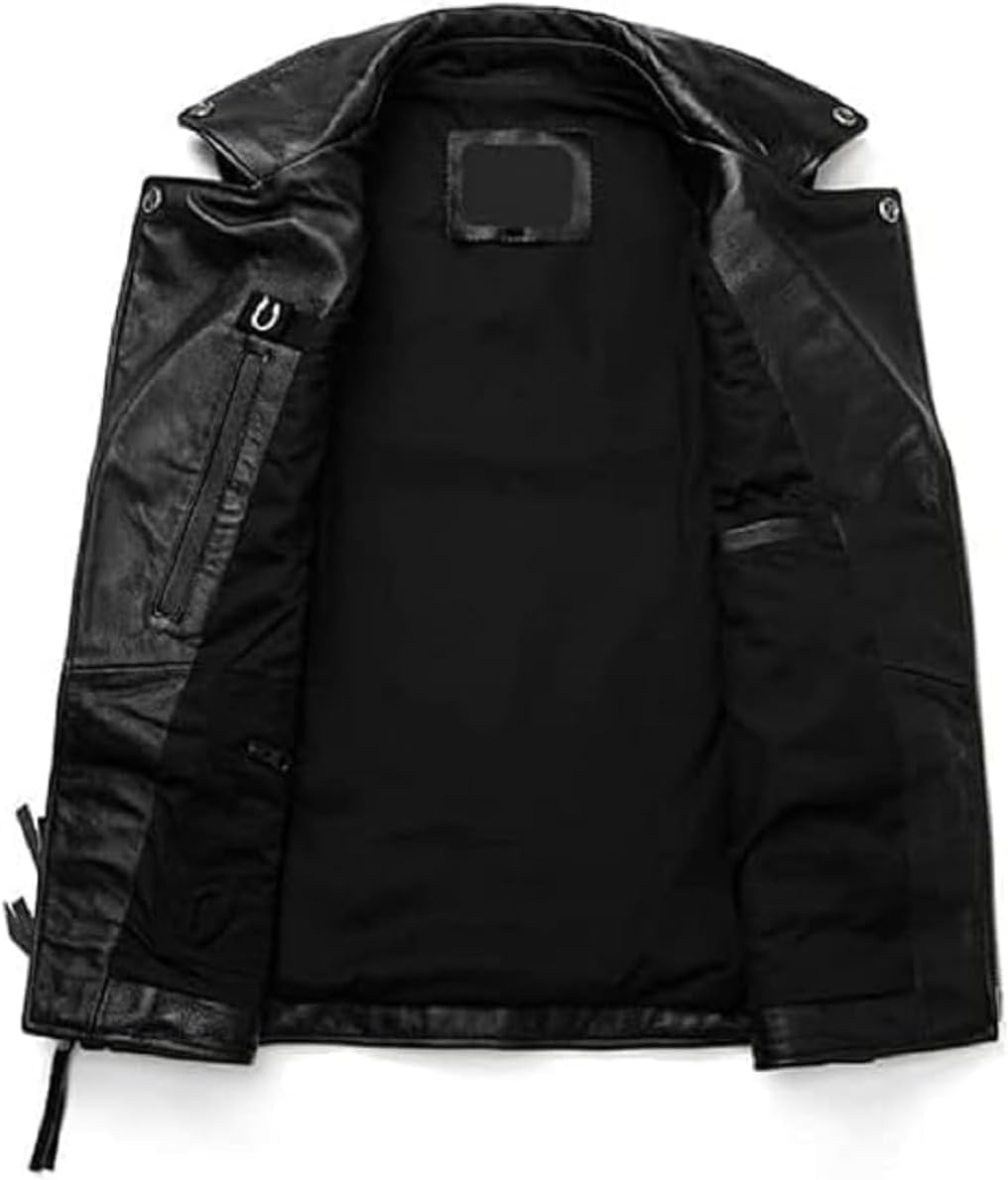 Men’s Classic Brando Leather Biker Vest – Sleeveless Motorcycle Riding Vest with Snap Button & Zipper Closure