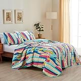 ESCA 3-Piece Kuniko Colorful Blue Bedspread Set Abstract Multi Color Quilt Set Queen Size