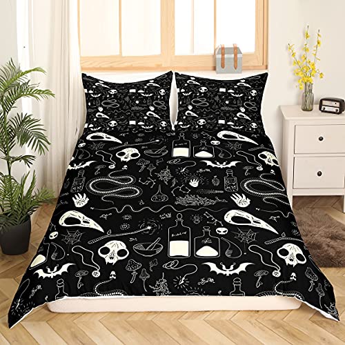 Skull Bedding Set Kids Scary Animal Skeleton Bedding & Linen for Boys Teens Halloween Bats Duvet Cover Breathable Horror Spider Bedding & Linen Black White Quilt Cover King - Image 2