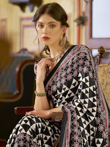 Image of SAREE MALL Women's Ajrkh Print Satin Crepe Polka Dot Printed Saree With Unstitched Blouse Piece