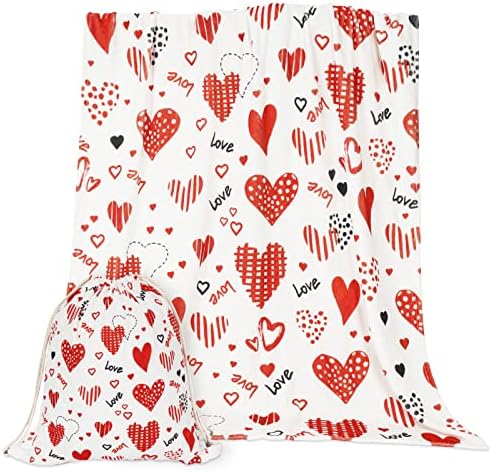Yugarlibi Fluffy Blanket Flannel Fleece Soft Warm Throw Blanket White Fleece Cozy Sofa Blanket for Girlfriend Wife Valentine's Day Gift Couch Bed 127x153cm with Gift Bag Red Heart