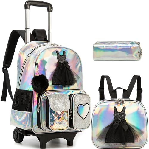 Image of HTgroce Rolling Backpack with Wheel,School Backpack for Kids Girl Roller Schoolbag Wheeled Backpacks Set Carry-on Luggage,Black
