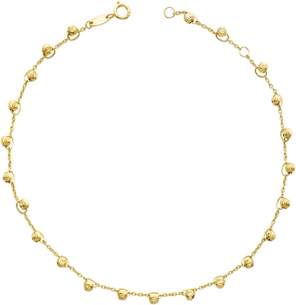 LoveBling 10k Yellow Gold 0.50mm Diamond Cut Rolo with Large Moon Cut Beads Anklet, Adjustable 9" - 10" (#105)