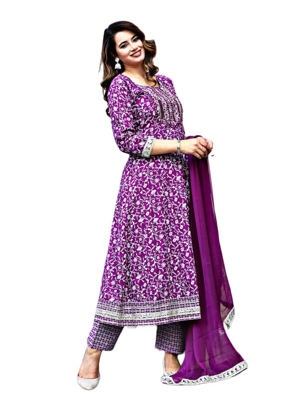 Image of NASRO Women's Viscose Rayon Printed Embroidered Round Neck 3 /4th Sleeves Anarkali Kurta & Pant Suit Set /Salwar Suit Set (Purple)