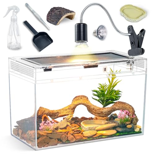 BINANO 16×10×8'' Reptile Tank Kit with Heat Lamp, Spray Bottle, Shovel, Tweezers, Food Bowl, Hideout -Perfect for Geckos, Bearded Dragons, Snakes, Lizards, Turtles 360° Viewing, PC Glass