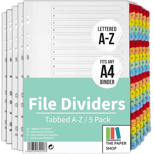 Image of A4 File Dividers A-Z, 5 Pack | Alphabetical Subject Dividers for Ring Binders, Lever Arch Files & Folders | Reinforced Multi-Punched Coloured Tabs, 150gsm, for School, Office & Home