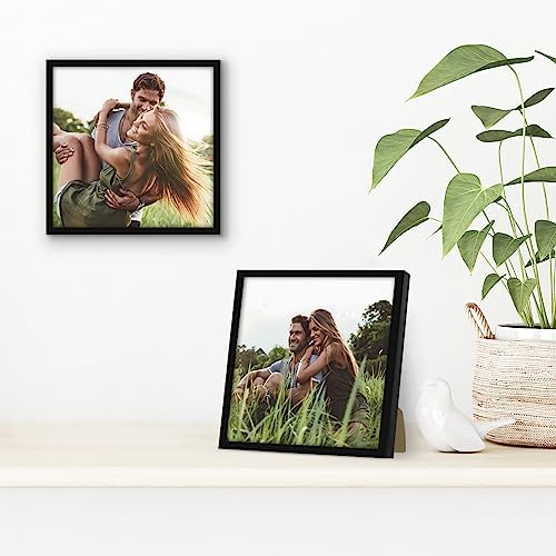 Americanflat 8x8 Picture Frame with Shatter-Resistant Glass - Streamline Collection - Thin Border Square Frame for Tabletop and Wall Display - Hanging Hardware and Easel Stand Included - Black