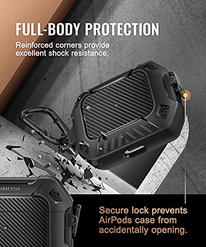 Mobosi Compatible With Airpods Pro Case, Secure Lock Clip Full Body Shockproof Hard Shell Protective, Carbon Fiber Case Cover With Keychain For Airpod Pro (2019), Black #TOP3