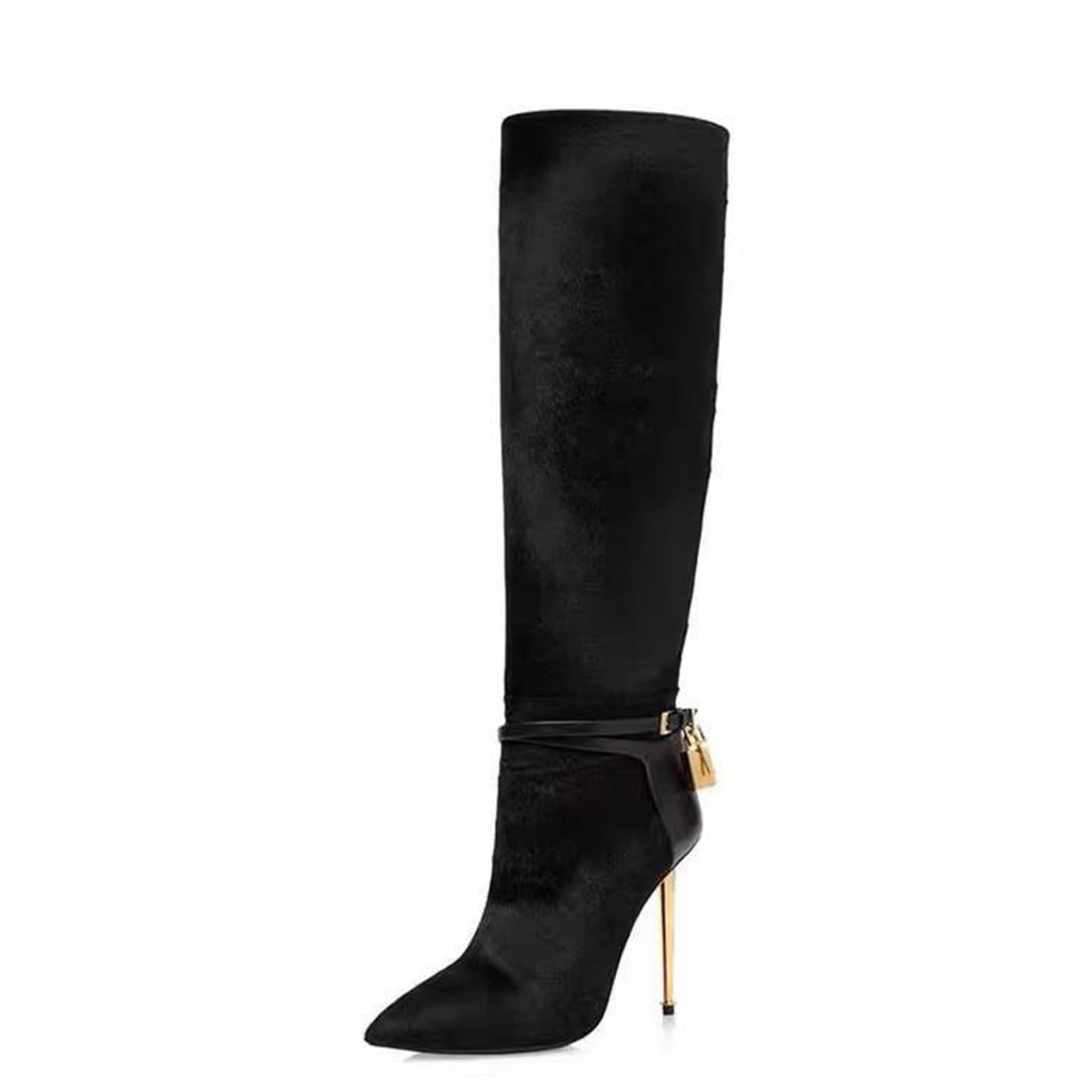 12CM Punta de Aguja Stiletto Botas Altas con Cinturón Hebilla Bloqueo Súper Alto Tacón Manga Tamaño Grande Moda Botas