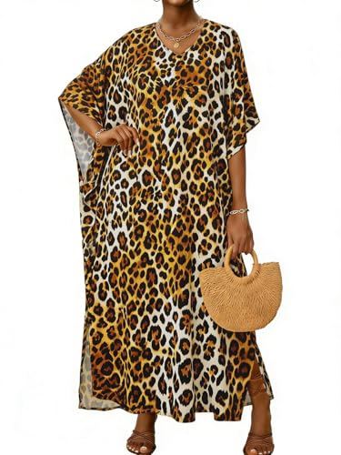 JILUVIN Kaftan Dresses for Women Plus Size V Neck Caftan Batwing Sleeve Long Swimsuit Cover Up Beach Swimwear 2026 (Leopard One Size)