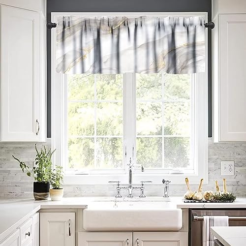 Image of White Grey Marble Window Valance Curtain, Abstract Modern Luxury Ink Texture Gold Veins Window Valances Treatments for Kitchen Living Room Cafe Decor 54'x18', 1 Panel