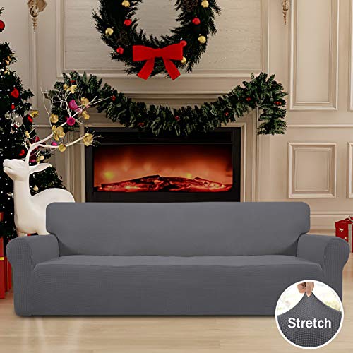 Image of Easy-Going Stretch 4 Seater Sofa Slipcover 1-Piece Sofa Cover Furniture Protector Couch Soft with Elastic Bottom for Kids, Polyester Spandex Jacquard Fabric Small Checks Gray