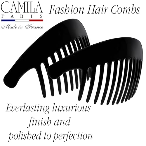 Image of Camila Paris CP2872 /2 French Hair Side Combs, Black Interlocking Combs French Twist Hair Combs, Strong Hold Hair Clips for Women Bun Chignon Up-Do, Styling Girls Hair Accessories, Made in France