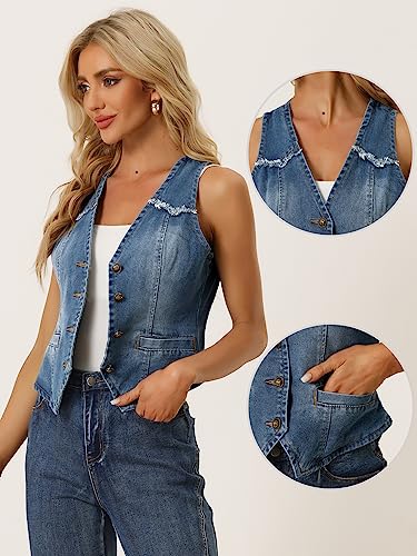 Allegra K Denim Vest for Women's Sleeveless V Neck Washed Distressed Jean Vest Jacket2
