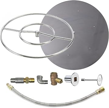 HPC Round Match Lit Fire Pit Burner Kit with 18-Inch Stainless Steel Burner and 24-Inch Flat Pan, Propane, Polished Chrome, with Flange, Key, Valve, Flex Line and Fittings