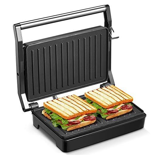 Cozeemax Parrilla de contacto para sándwiches, filetes y como parrilla panini, tostadora de 1000 W con revestimiento antiadherente, tostadora sándwichtoaster con mango aislante térmico, libre de bpa
