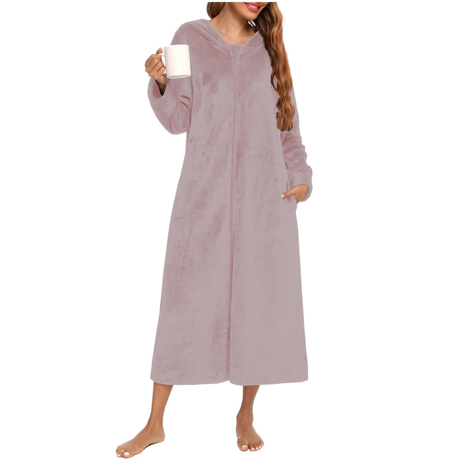 Generisch Accappatoio in morbida flanella con maniche lunghe e cerniera, comodo abbigliamento da salotto in pile con tasche, coperta portatile per rilassarsi a casa