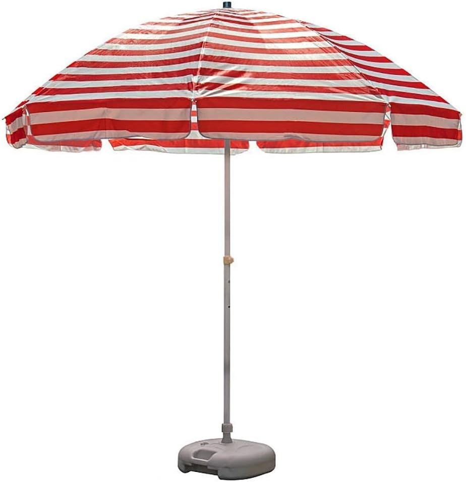 LSLYTQ Outdoor Sun Shade Hanging Umbrella Beach Umbrella UV Resistant, 2.5m Patio Umbrella with Sand Anchor, Portable Market Umbrella for Garden Pool Balcony, Red Stripes (With Base) good